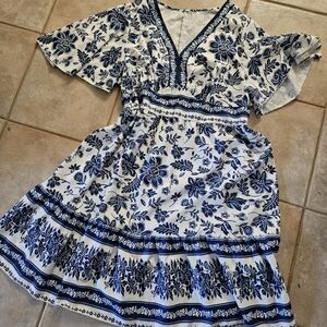 Floral V-Neck Dress with Blue Accents